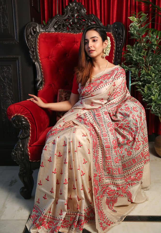 Cream Color Pure Soft Silk Digital Print Saree | DG-213