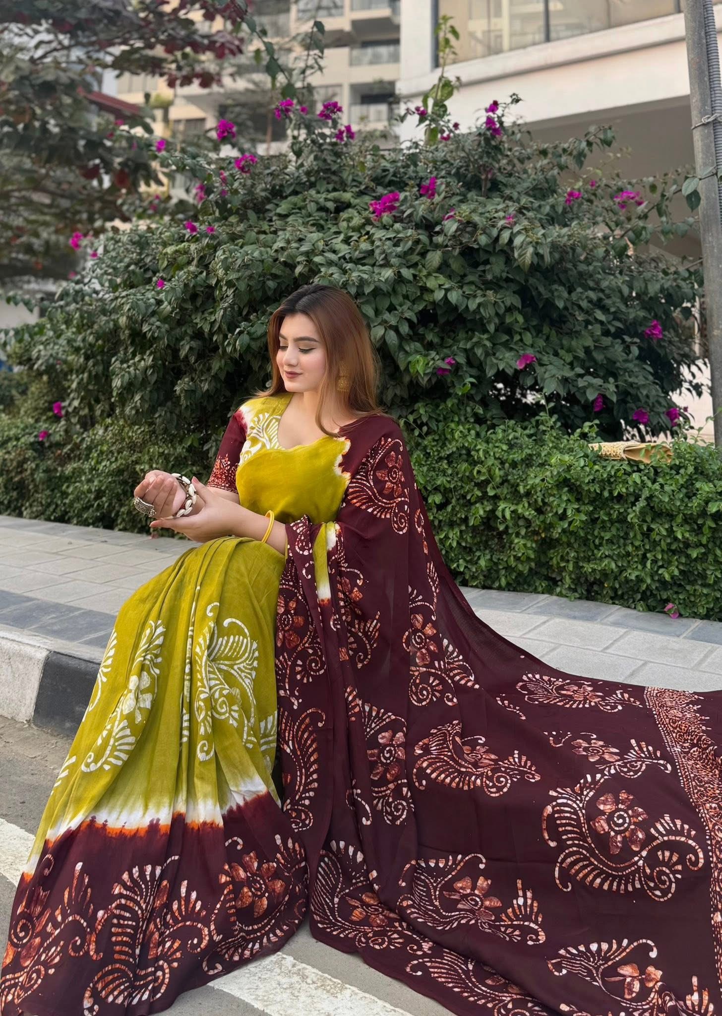 New Batik Design Printed Soft Silk Saree With Blouse Piece | BDS-15