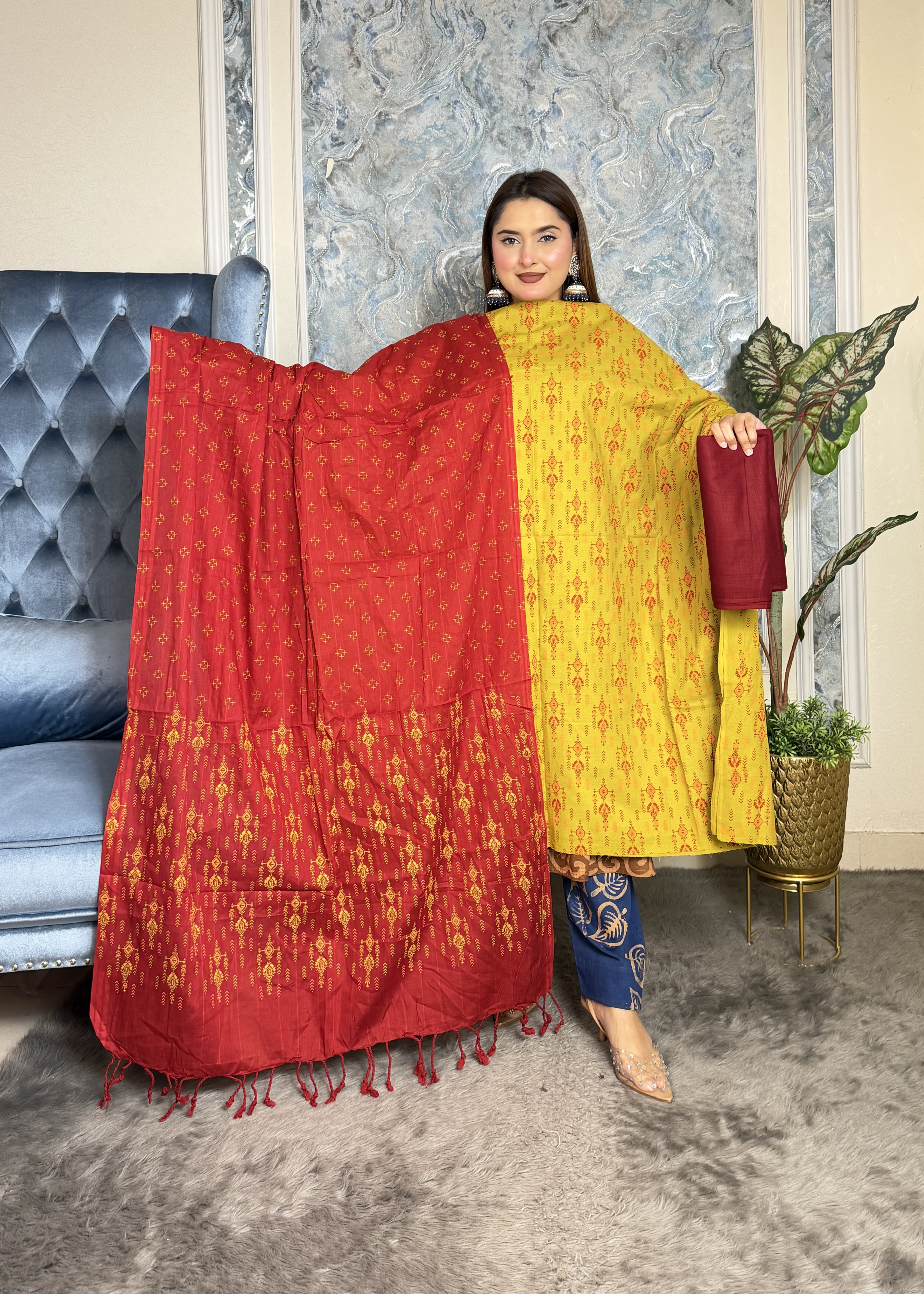 প্রিমিয়াম স্লাব কটন আনস্টিচ থ্রি পিস | Code-2403