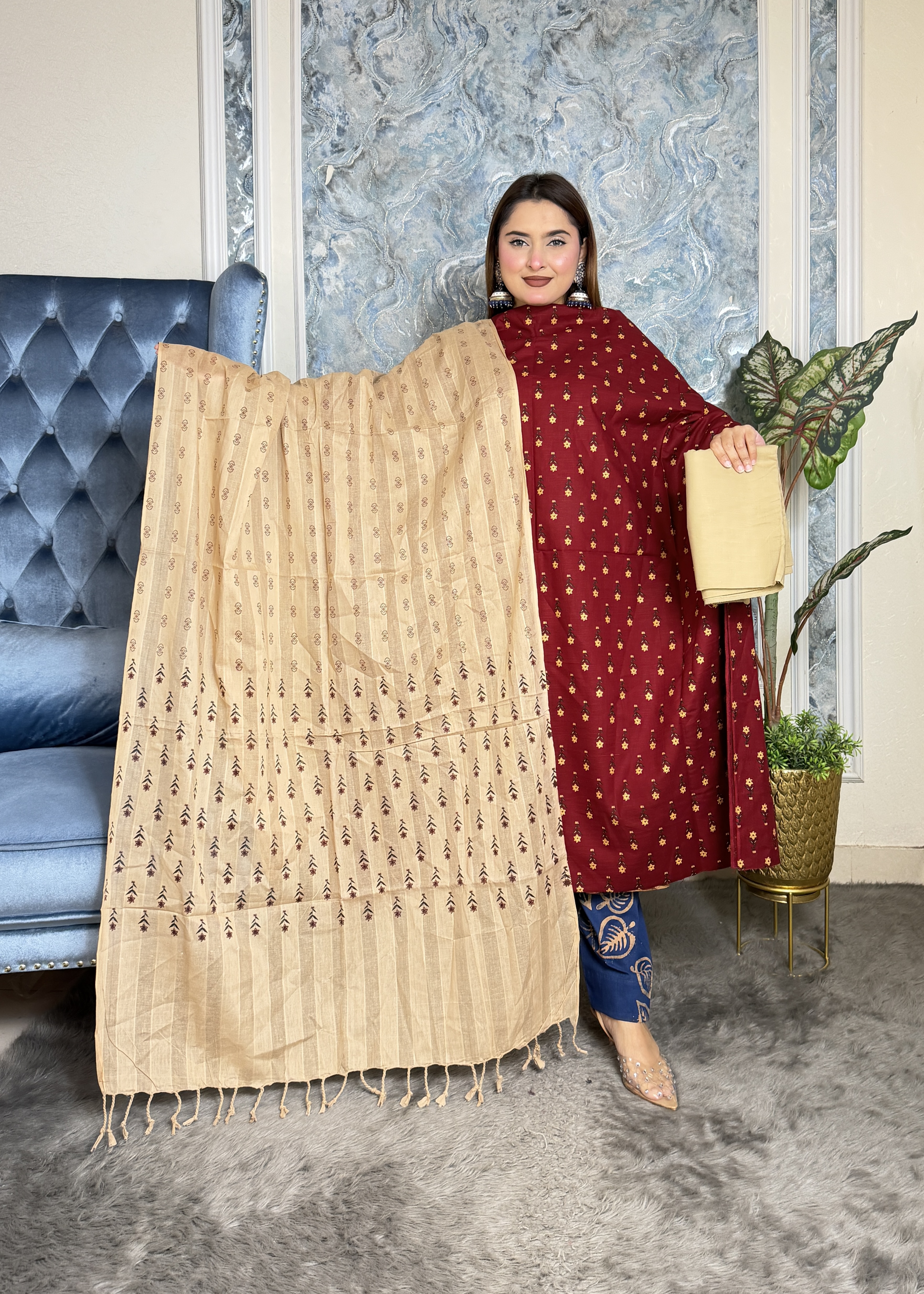 প্রিমিয়াম স্লাব কটন আনস্টিচ থ্রি পিস | Code-2404
