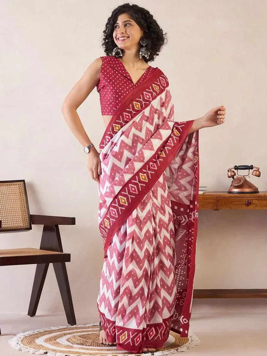 Ikat Design Digital Printed Chanderi Silk Saree With Blouse Piece | P00103