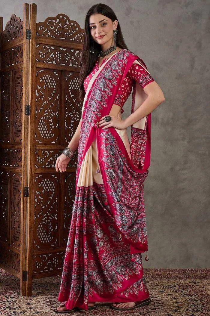 Dust Cream and Red Ajrakh Printed Soft Takely Silk Saree | P00176