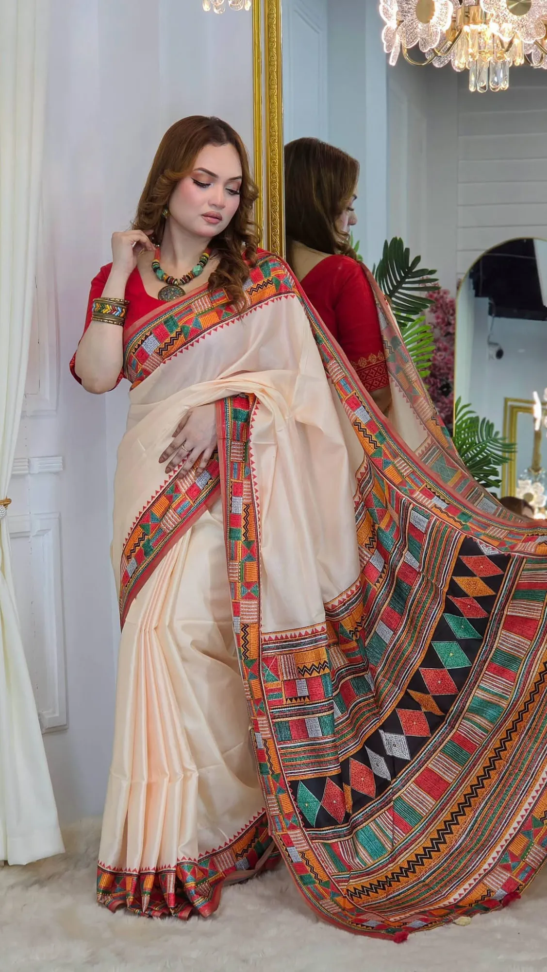 Cream Color Process Silk Printed Saree | P00195