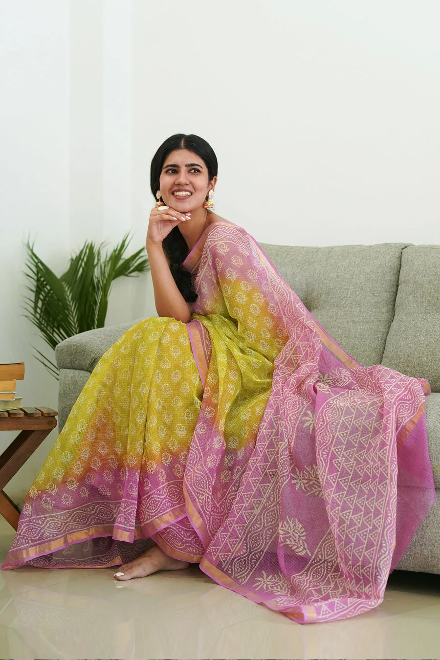 Traditional Block Design Digital Print Kota Doria Cotton Saree | P00002
