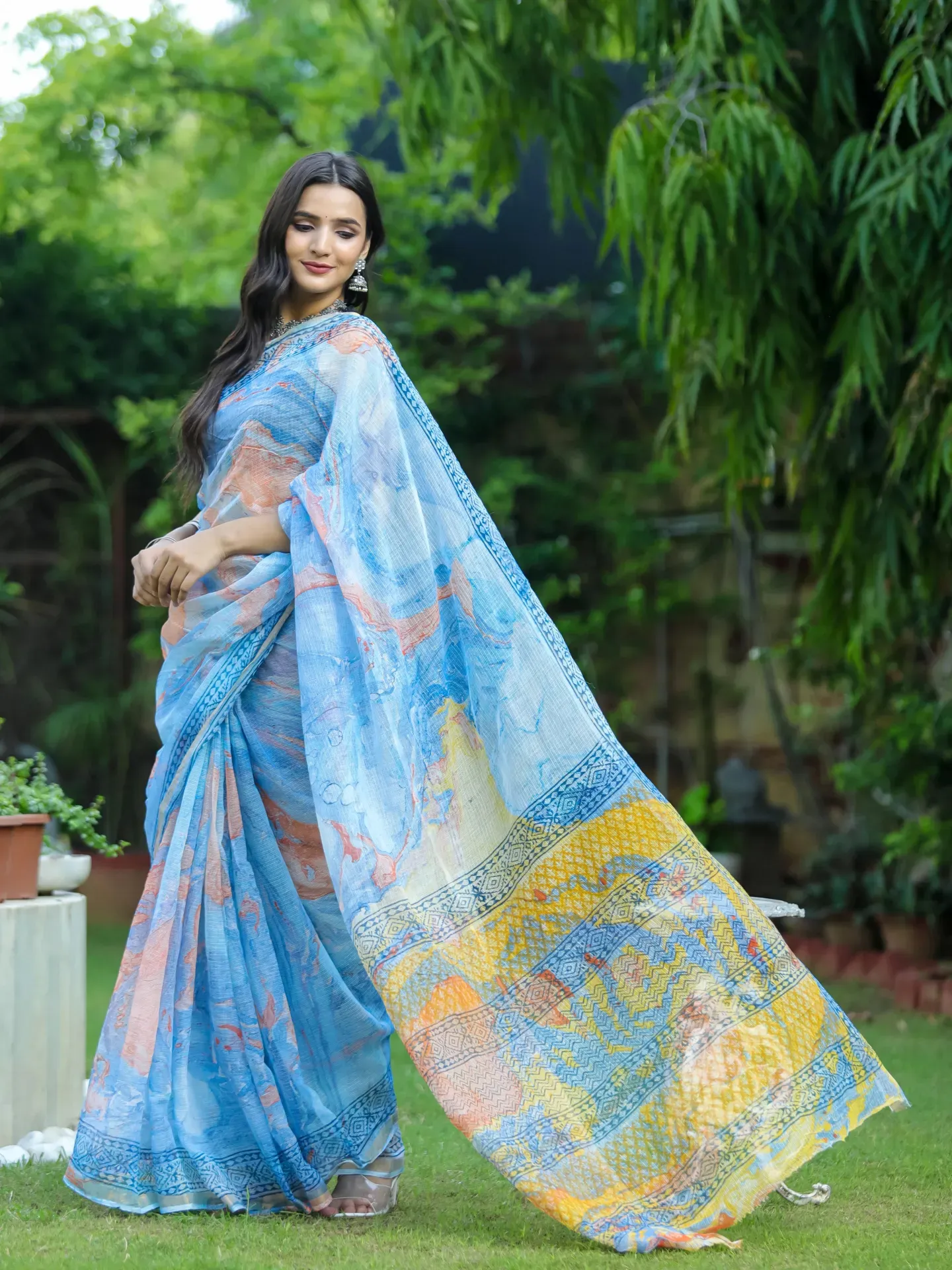 Traditional Block Design Digital Print Kota Doria Cotton Saree | P00028