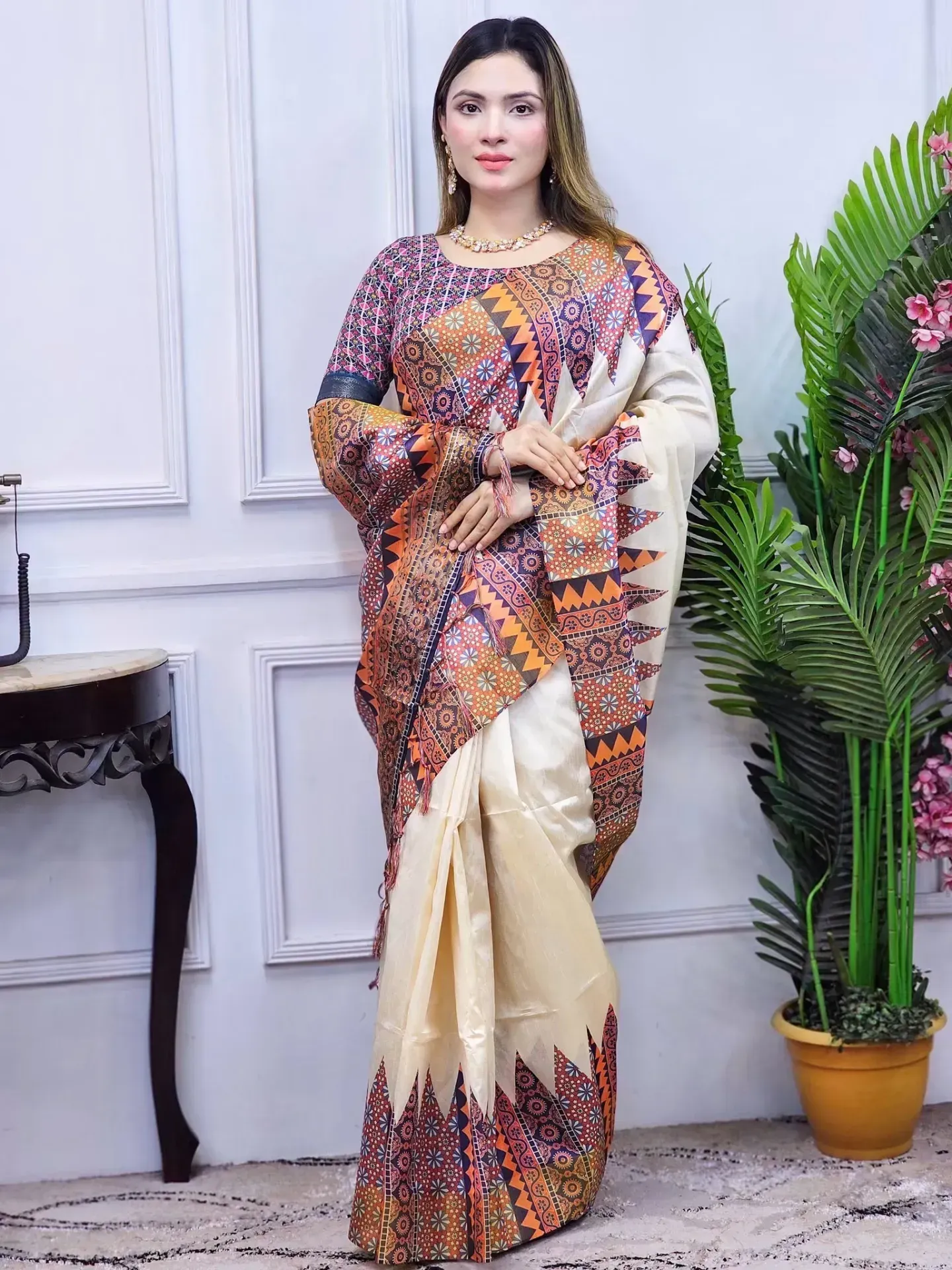 Elegant Multicolor Ethnic Design Soft Glossy Silk Digital Print Saree | P00034