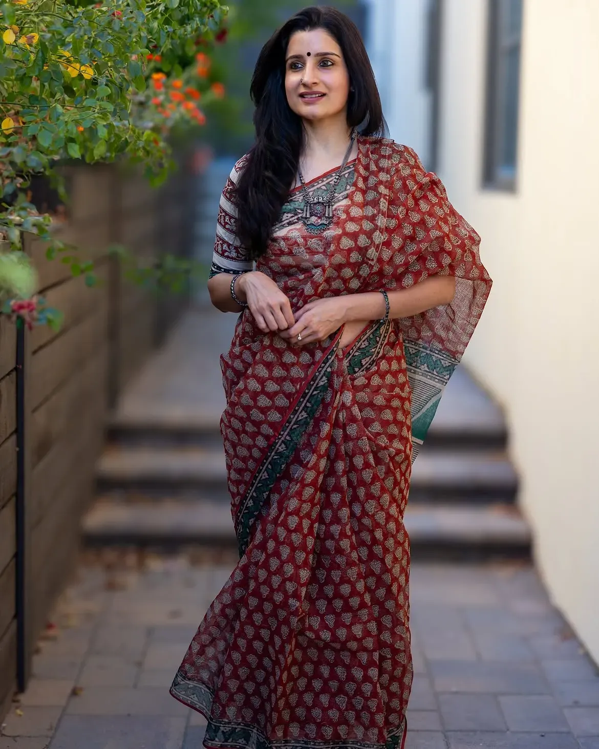 Traditional Block Design Digital Print Kota Doria Cotton Saree | P00070