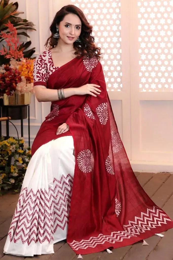 Red And White Chanderi Silk Digital Print Saree With Unstitched Blouse Piece | P00072