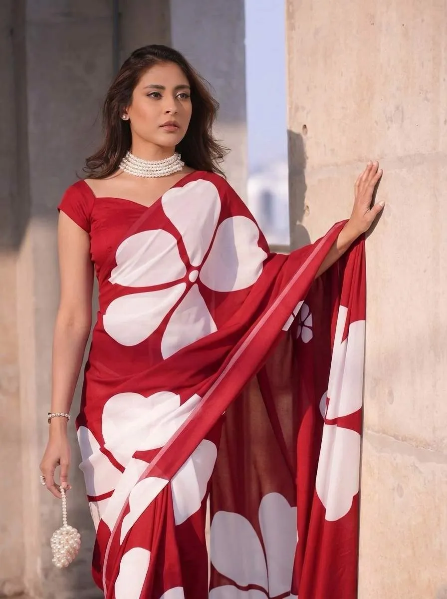Semi Moslin Silk Digital Printed Saree With Blouse Piece | P00082