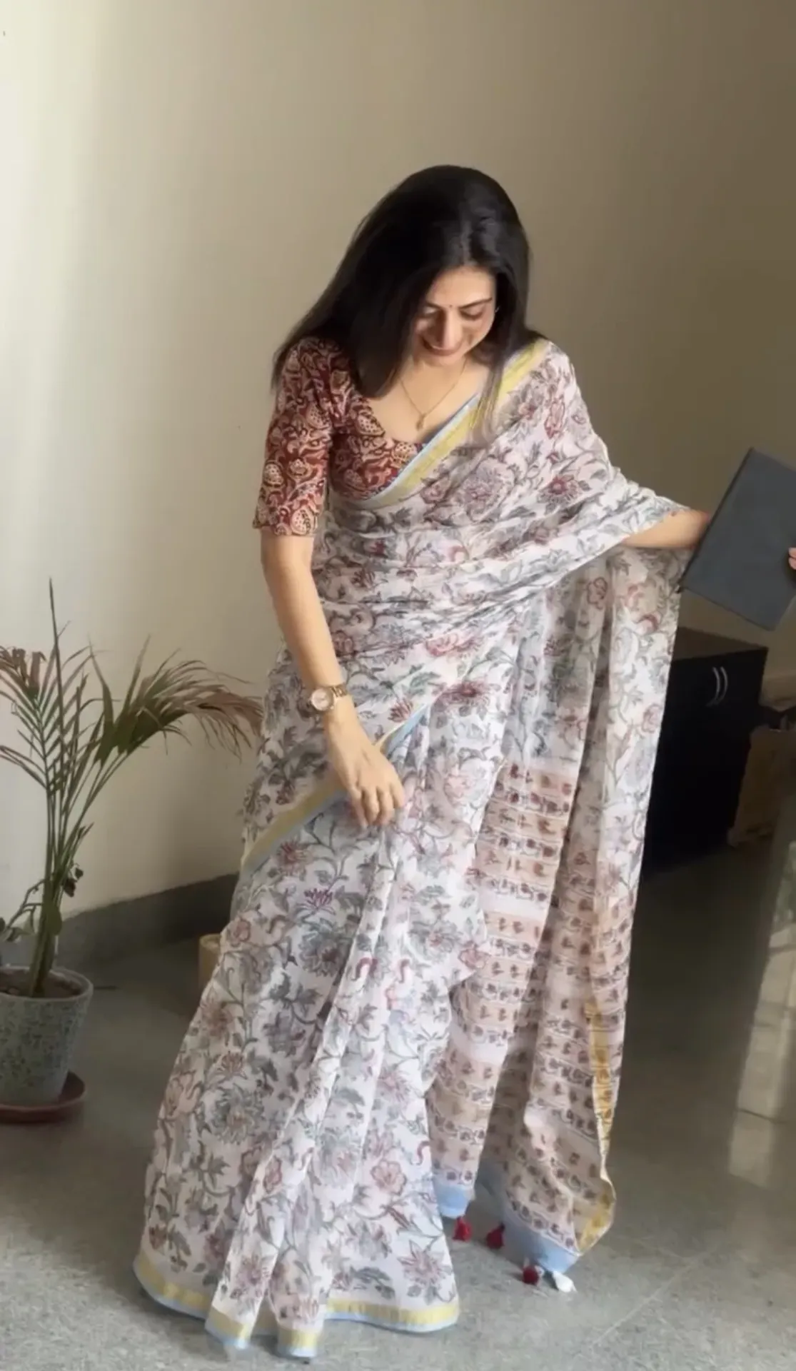Traditional Block Design Digital Print Kota Doria Cotton Saree | P00009
