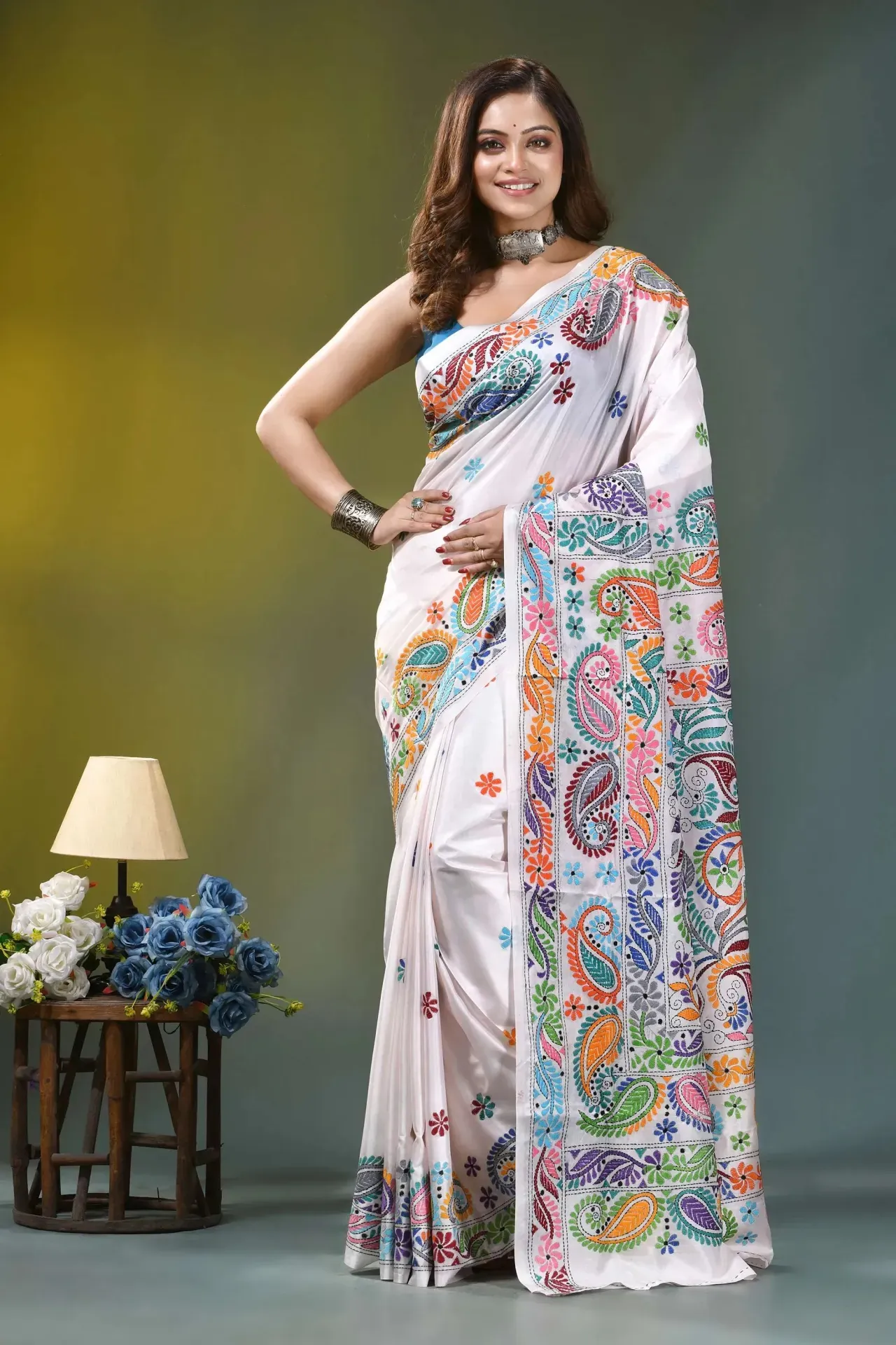 Kantha Stitch Design Digital Printed Pure Silk Saree With Blouse Piece | P00091