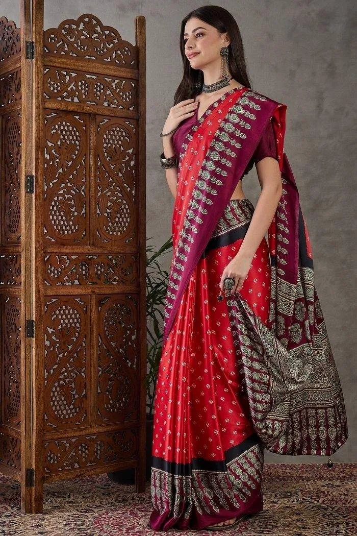 Brick Red Ajrakh Printed Soft Takely Silk Saree | P00095