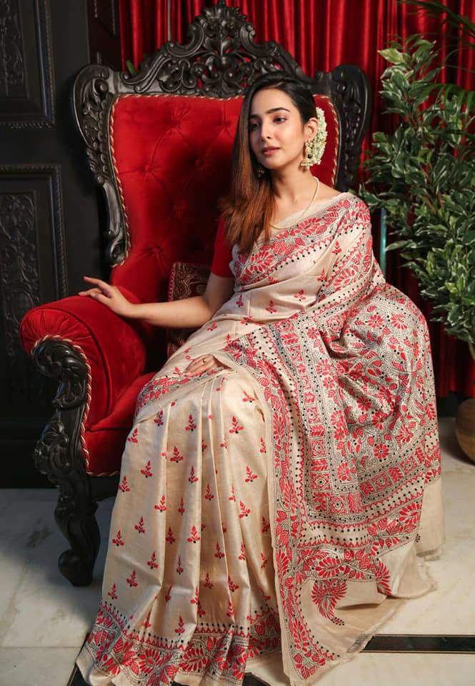 Cream Color Pure Soft Silk Digital Print Saree | DG-213