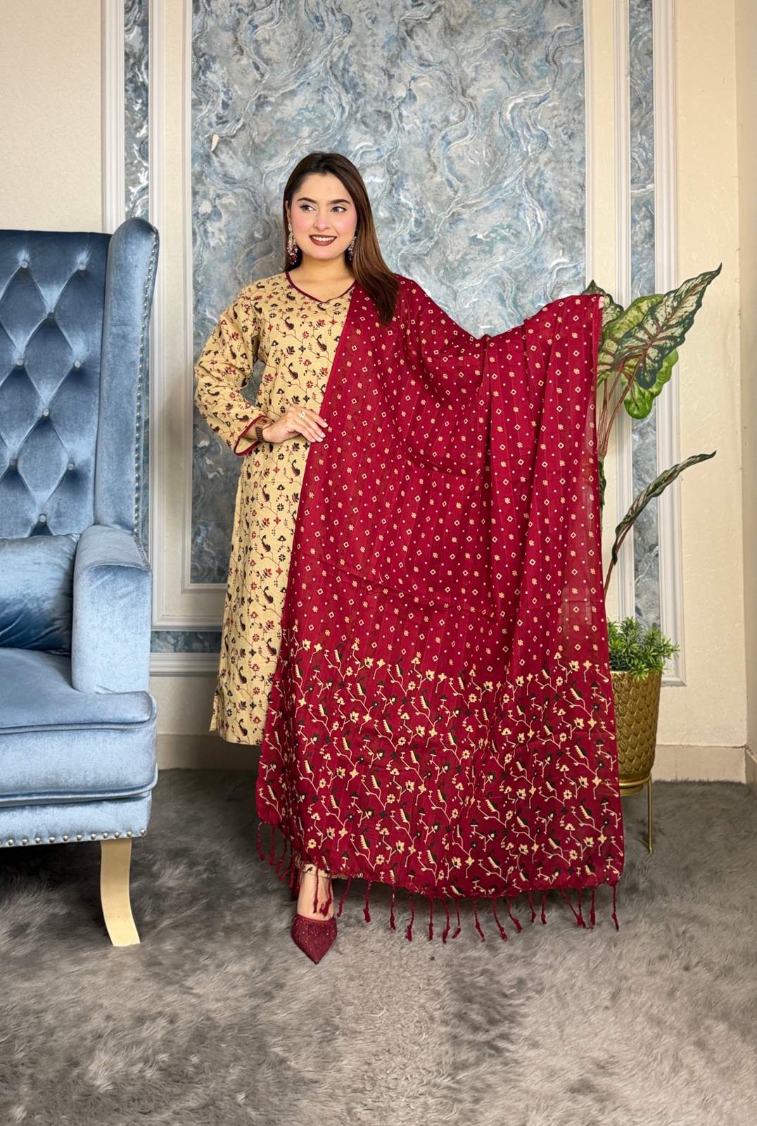 প্রিমিয়াম স্লাব কটন আনস্টিচ থ্রি পিস | Code-2405