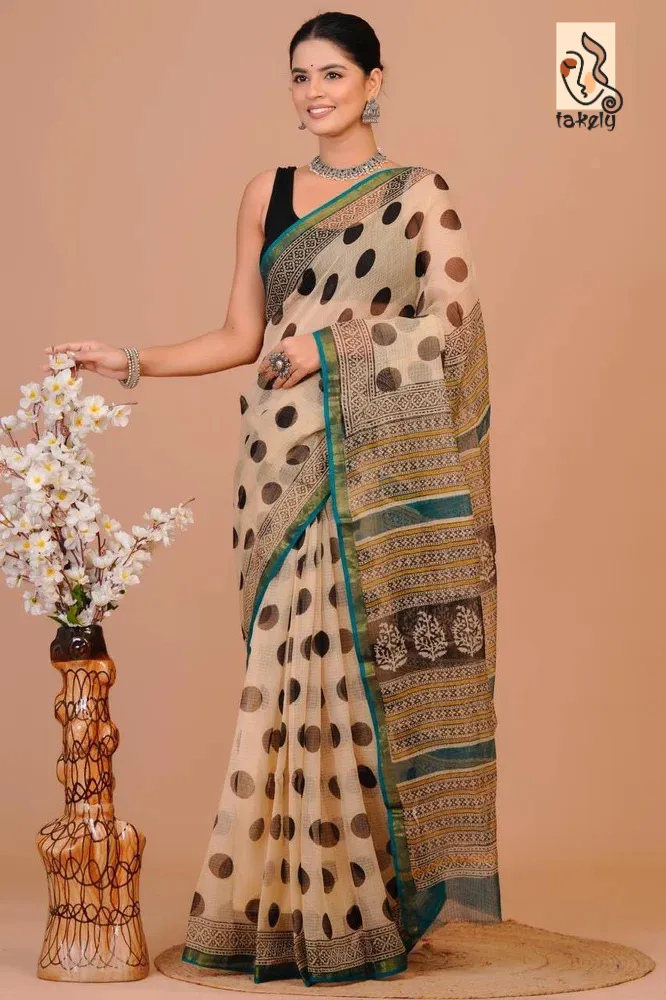 Traditional Block Design Digital Print Kota Doria Cotton Saree - Beige Color