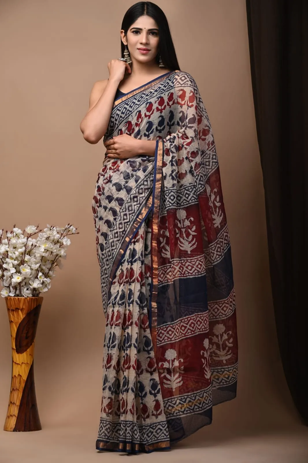 Traditional Block Design Digital Print Kota Doria Cotton Saree