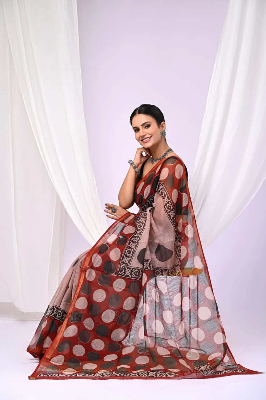Traditional Block Design Digital Print Kota Doria Cotton Saree