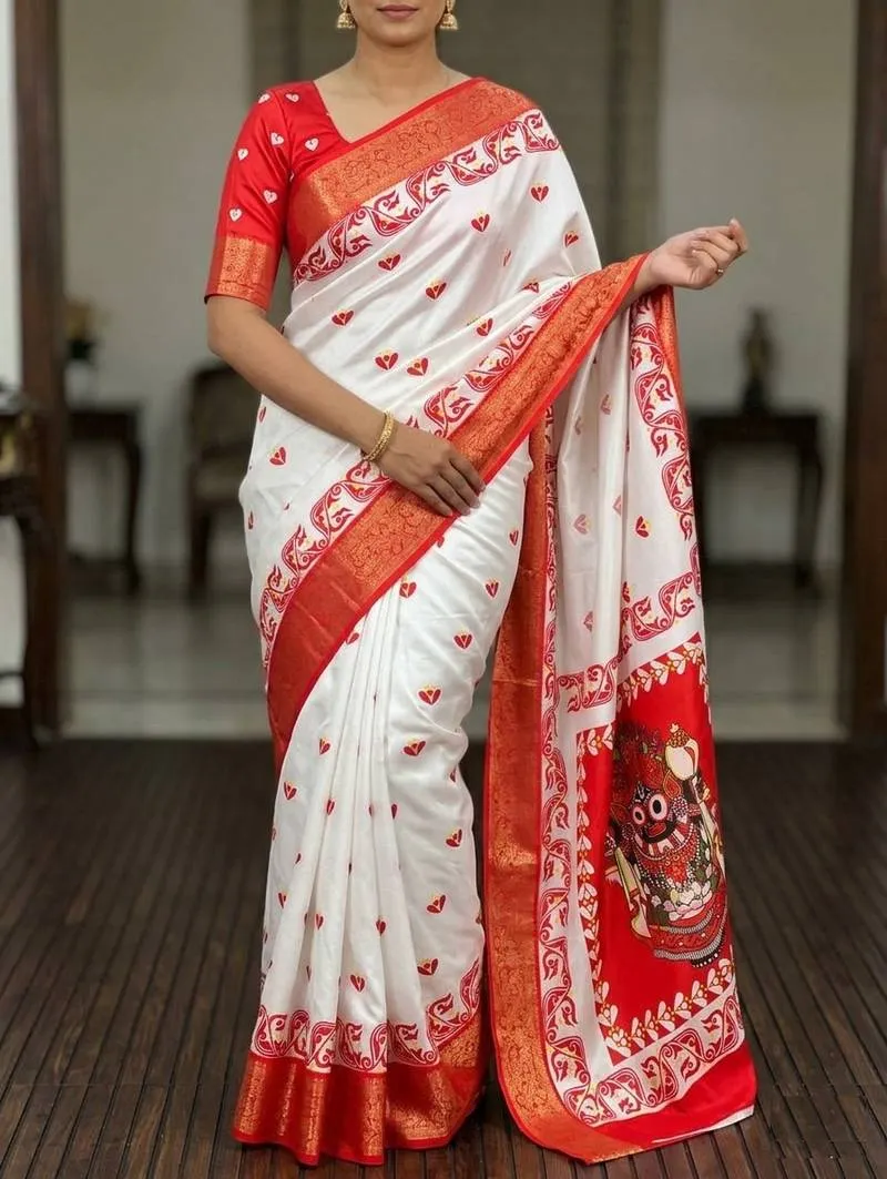 Premium Katan Silk Durga Puja Digital Print Saree