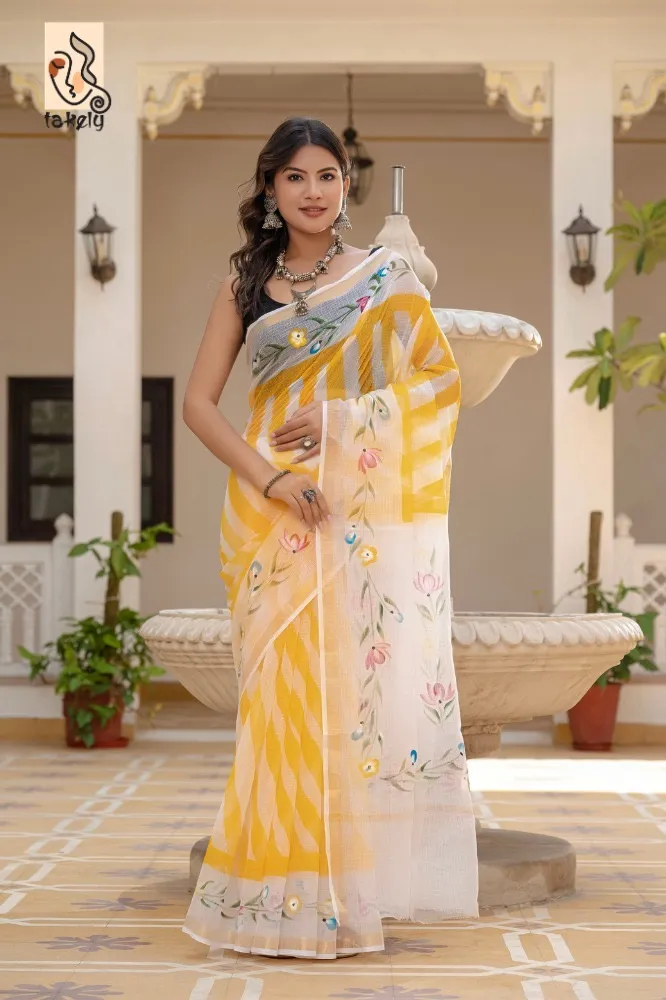 Traditional Block Design Printed Kota Doria Cotton Saree
