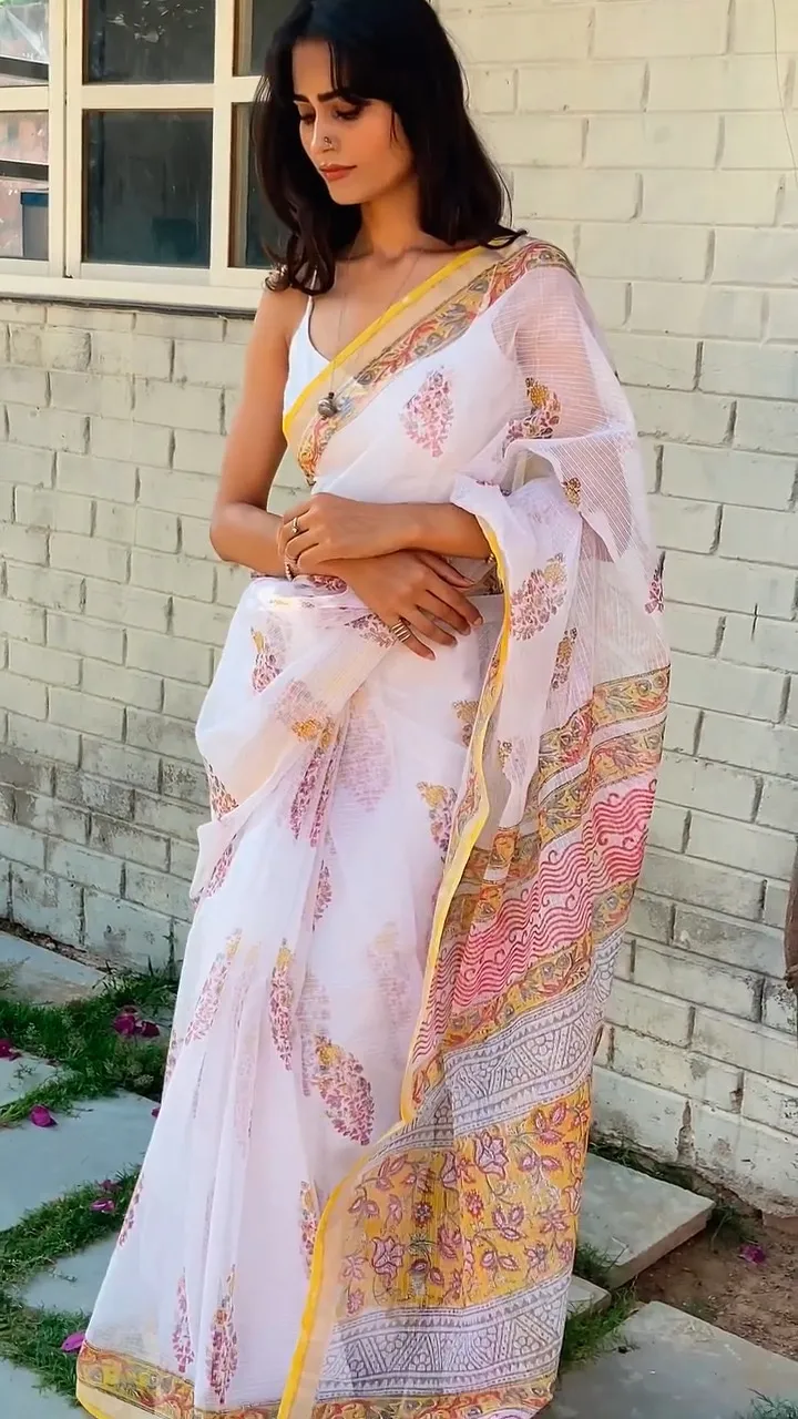 Traditional Block Design Printed Kota Doria Cotton Saree