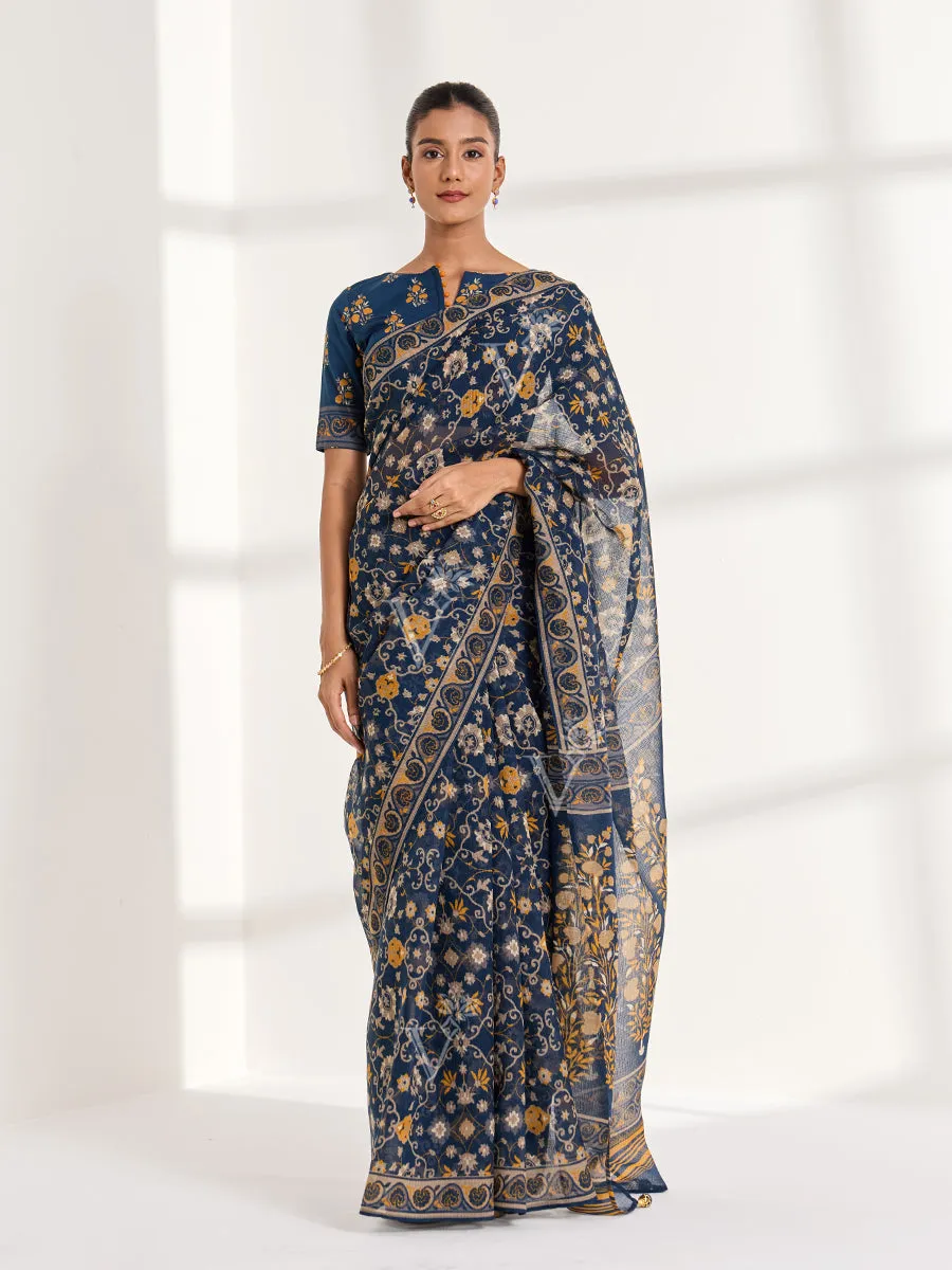 Dark blue Kota Doria Printed saree