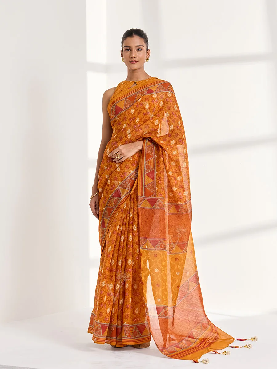 Mustard Yellow Kota Doria Printed Saree