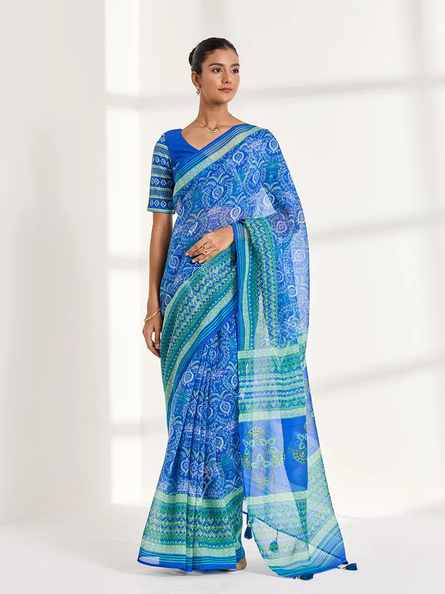 Blue Kota doria Printed Saree